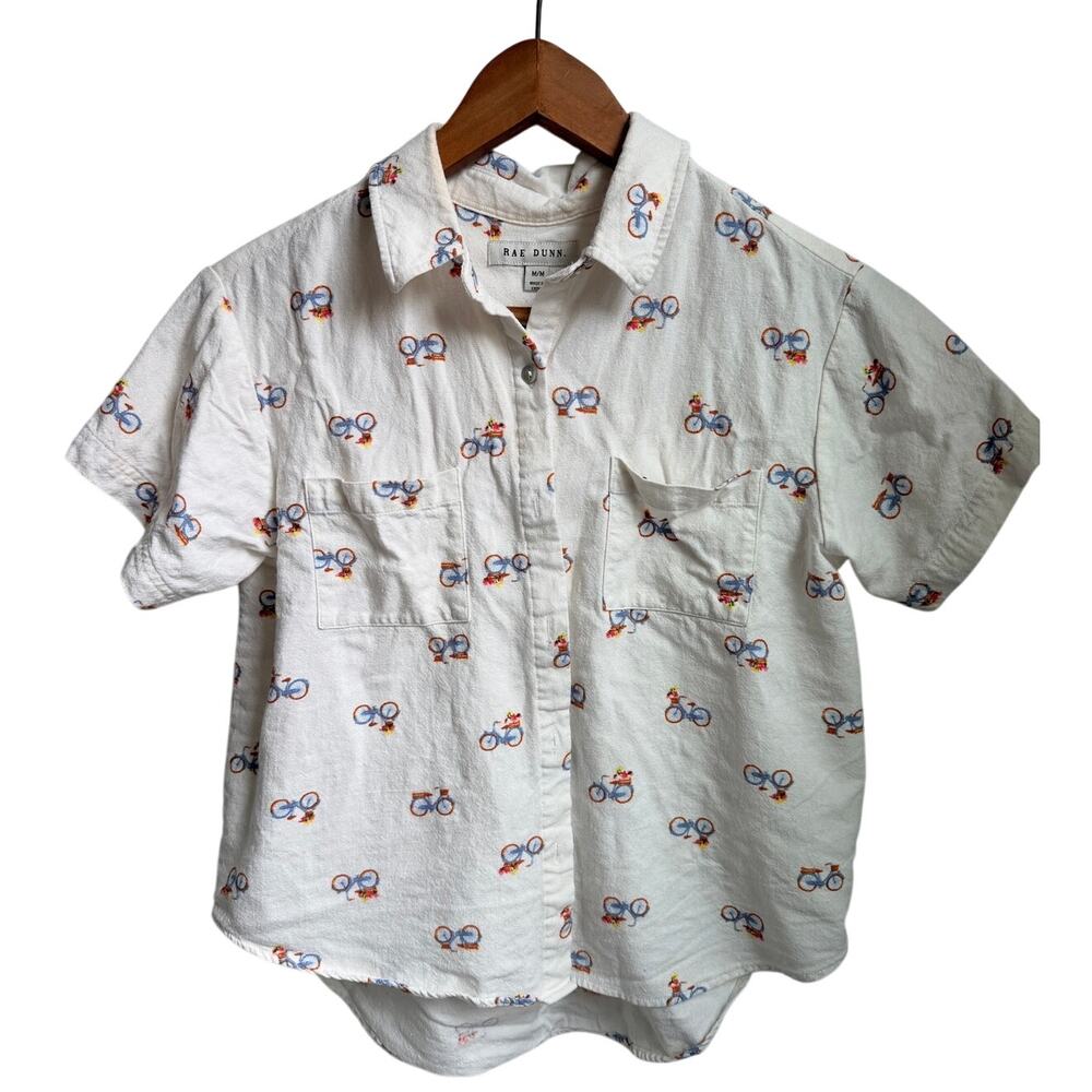 Linen button up short sleeve bicycle with flowers white size med
